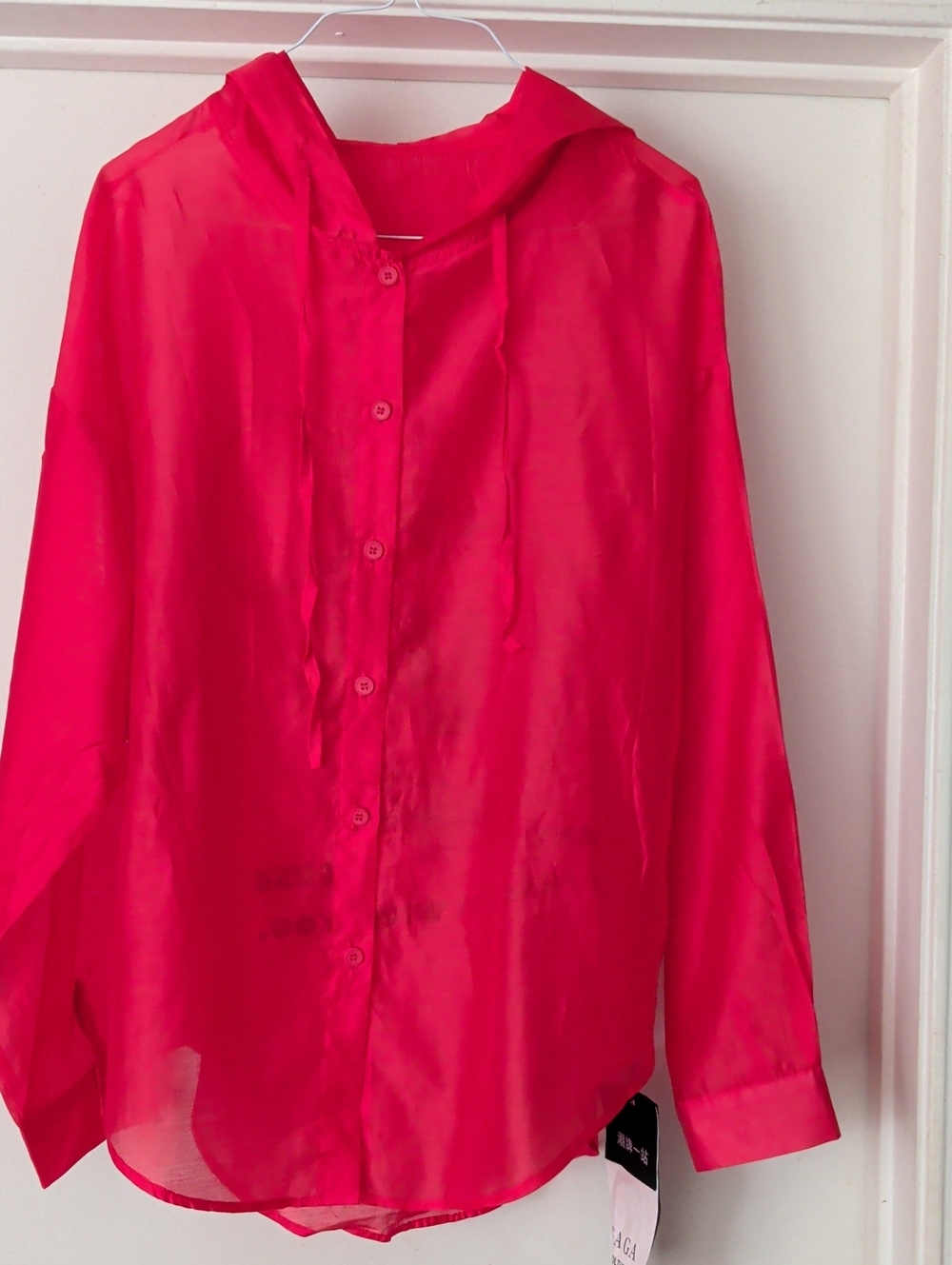 Sheer Hooded Mickey Mouse Stoned Button-Up Blouse in Bright Red/Orange